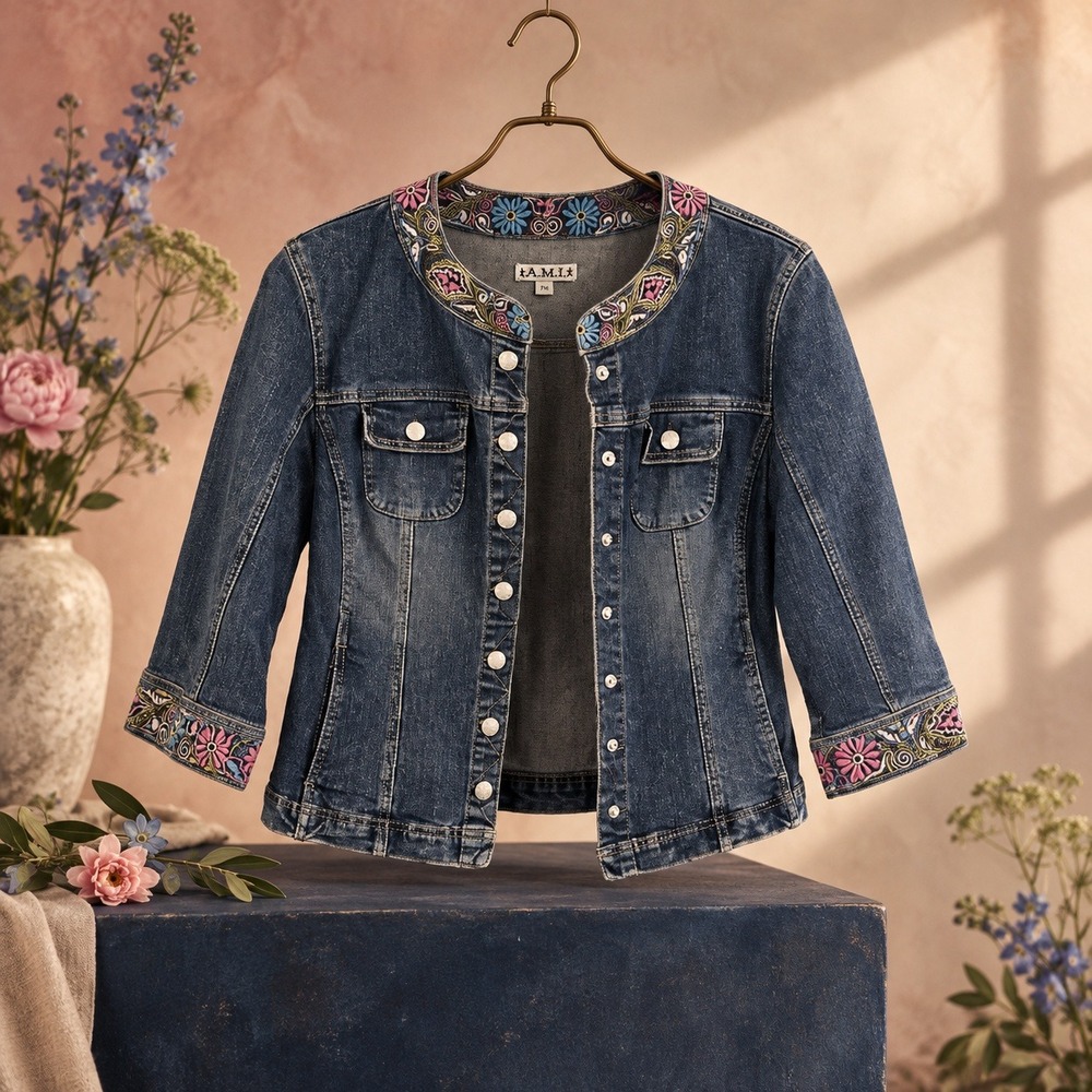 A.M.I. Embroidered Denim Jacket Petite Medium Floral Y2K Blue Pink 55542BP